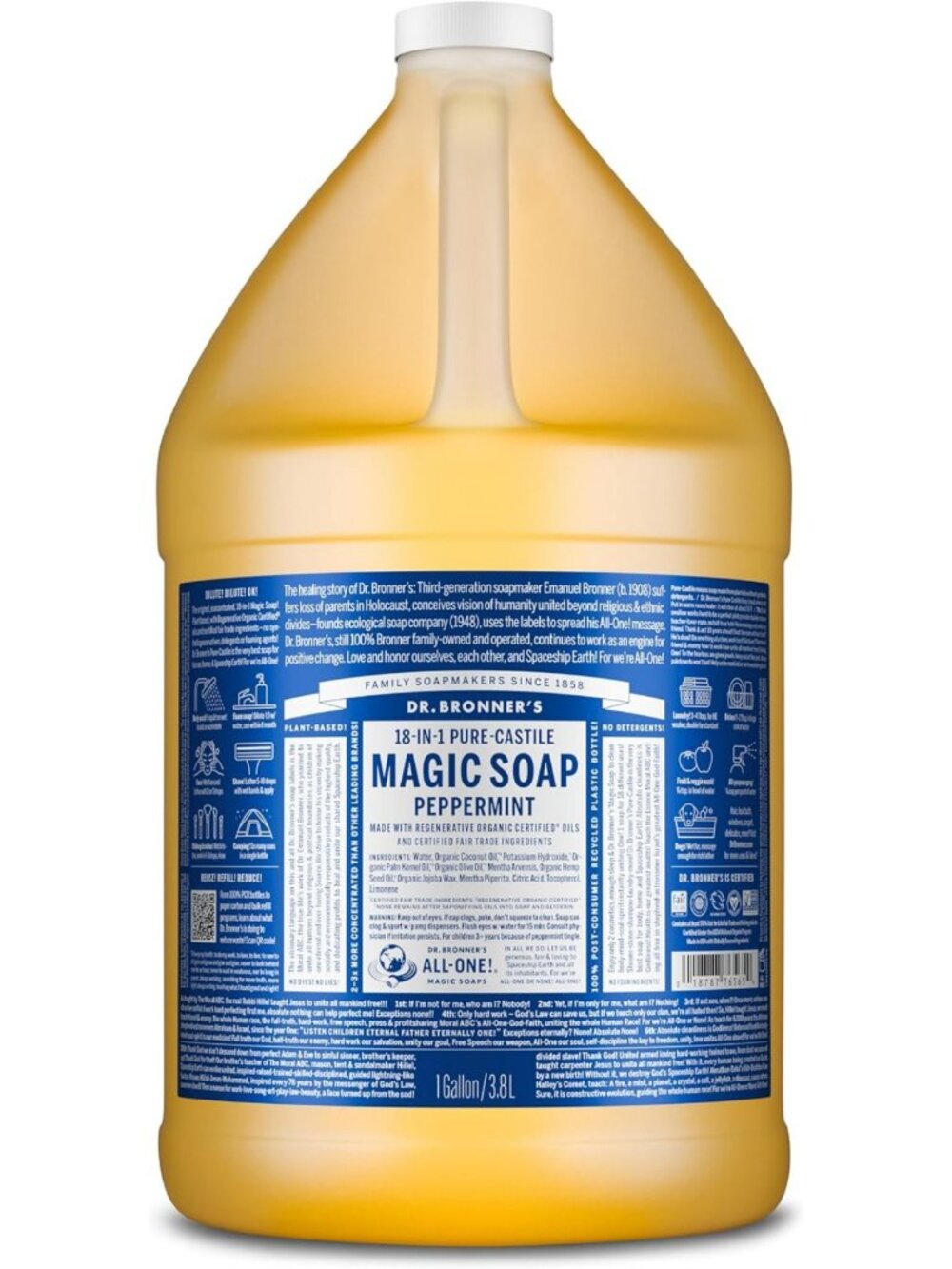 Peppermint Pure-Castile Liquid Soap Refill - 1 Gallon Eco-Friendly Cleanser
